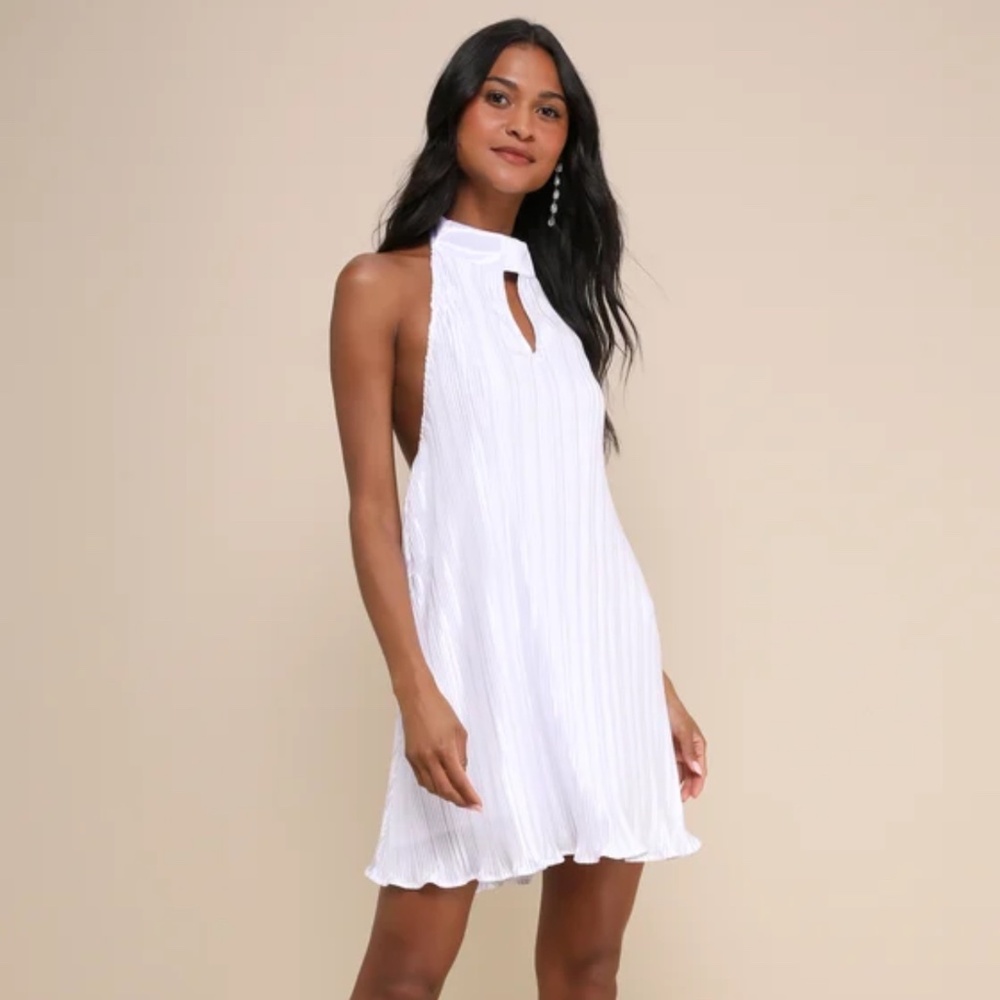 Lulus Pretty Aura White Satin Plisse Mock Neck Mini Swing Dress - Size M